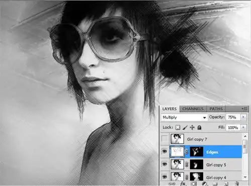 利用photoshop把人物头像转为艺术黑白水彩画效果
