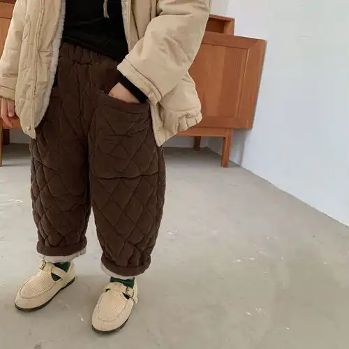 洋湖轩榭韩国童装儿童冬季新款夹棉裤子男女童宝宝绗缝菱形加厚灯芯绒长裤