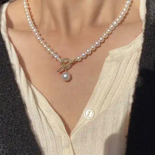 汤河店天然强光淡水珍珠镶钻ot扣项链轻奢小众设计ins冷淡风锁骨链女