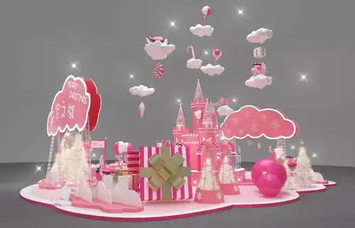 圣诞美陈猪年卡通少女心快闪店粉红打卡点3d效果图
