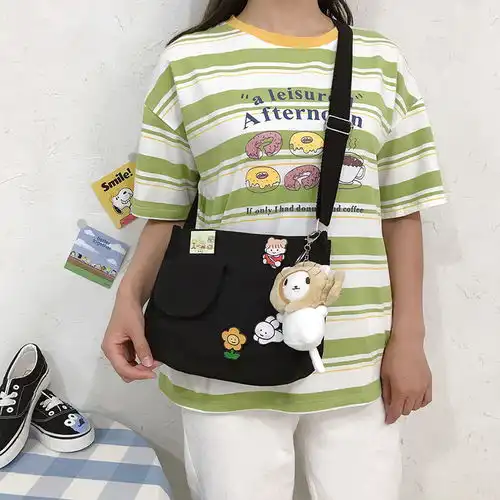 日系原宿可爱古着感少女斜挎包韩国ins复古大容量学生上课帆布包