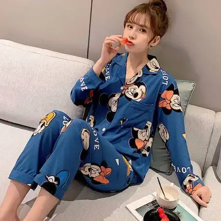 新款ins风睡衣女春秋季长袖套装夏季网红甜美卡通学生家居服薄款