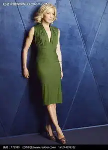 倚在蓝色墙面上穿绿色连衣裙的外国美女图片免费下载编号772989红动网