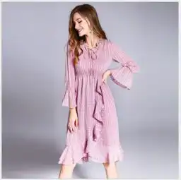 高档精品,2019新款连衣裙欧美春夏粉色中长款优雅长裙时尚灯笼袖荷叶边裙子