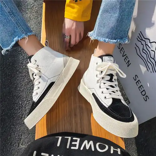 卓纪高帮帆布鞋男潮流百搭拼色韩版休闲男鞋子日系学生中帮男板鞋