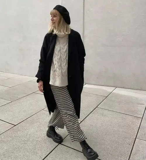 大衣老爹鞋,大衣格纹裤,太时髦了