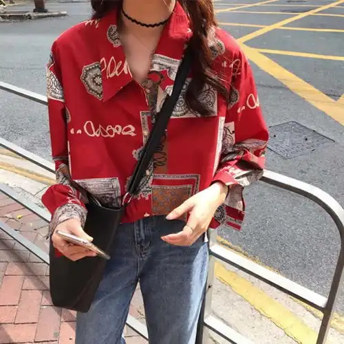 ins超火创意印花衬衫秋装女韩版复古学院风宽松显瘦长袖衬衣学生