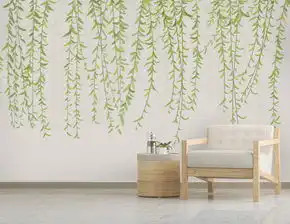 清新绿色叶子水彩风格北欧简约电视背景墙