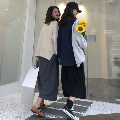 秋季新款韩版港味简约复古宽松高腰半身裙子中长款ins超火女学生
