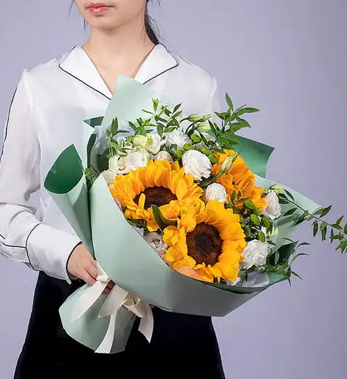 一缕清香向日葵3枝,白色洋桔梗5枝,绿色小雏菊2枝,雪柳1枝鲜花花礼网鲜花礼品网