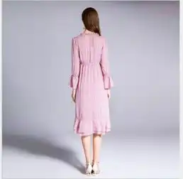 高档精品,2019新款连衣裙欧美春夏粉色中长款优雅长裙时尚灯笼袖荷叶边裙子