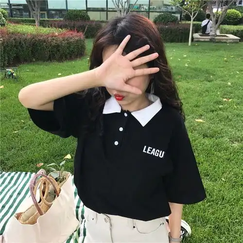 夏季ins小清新学生t恤软妹带领短袖韩范翻领polo衫女宽松bf风情侣