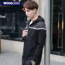 woog2005韩版夹克男黑色连帽修身2016秋季时尚圆点潮男夹克衫青年