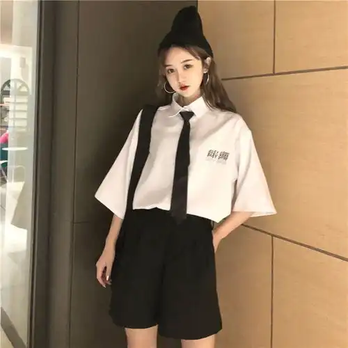 短袖衬衫女港味复古学院风领带ins短袖韩版女学生宽松百搭衬衣潮