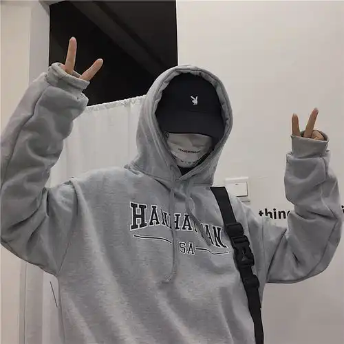 秋冬韩版ins暗黑复古手绘图案字母印花bf宽松加绒连帽卫衣男女潮