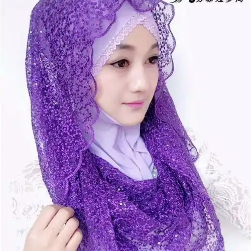 夏季穆斯林方便纱巾新款头巾蕾丝钉珠套头回族纱巾高档爆款纱巾
