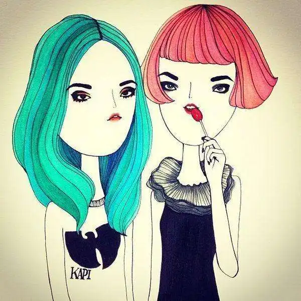 三人闺蜜头像手绘蓝色系