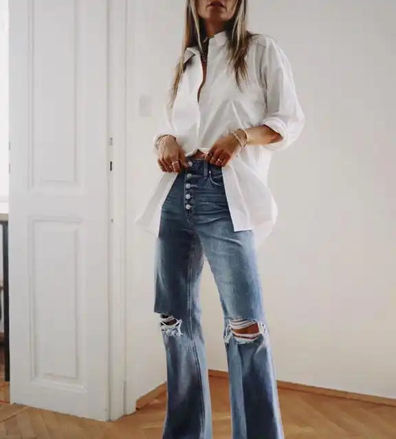 衬衫微喇裤也太好穿了特别是小个子女生,上身增高还显瘦