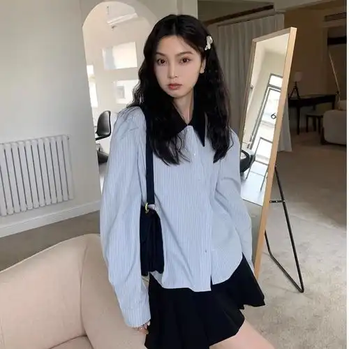内搭娃娃领长袖蓝色条纹衬衫女秋季设计感小众韩系学院风衬衣上衣