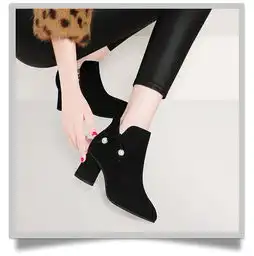 guciheaven古奇天伦磨砂短靴女靴子秋冬季中跟灰黑色粗跟百搭高跟鞋翻毛皮加绒踝靴