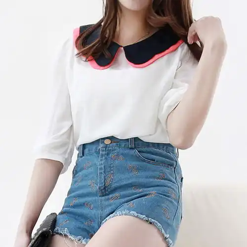 夏装韩版甜美淑女娃娃领灯笼袖拼接雪纺衫衬堆糖,美图壁纸兴趣社区