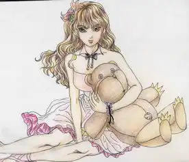 求一张抱着小熊玩偶的淡粉卷发发动漫女孩图片