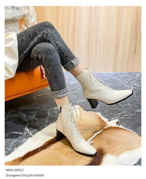 小童马2021白色高跟鞋女冬踝靴软皮方头系带粗跟短靴中筒网红瘦瘦靴