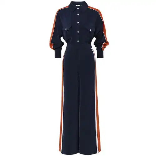 2018秋装新款欧美时尚运动风撞色拼接衬衣高腰显瘦阔腿裤套装