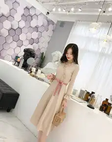 秋季系带修身少女温柔长裙女韩风chic木耳边v领长袖连衣裙女依生