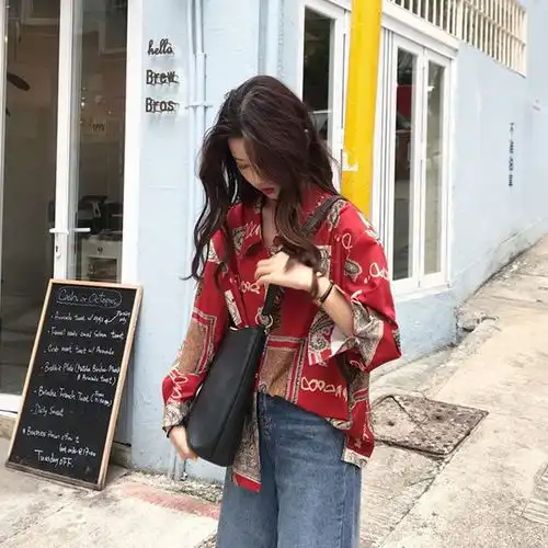 ins超火创意印花衬衫秋装女韩版复古学院风宽松显瘦长袖衬衣学生