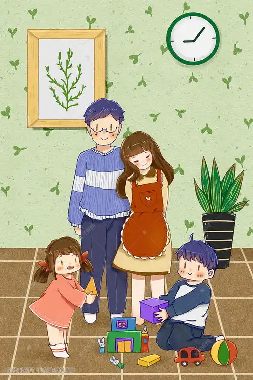 家庭温馨一家四口小清新卡通童趣可爱插画图片千库网