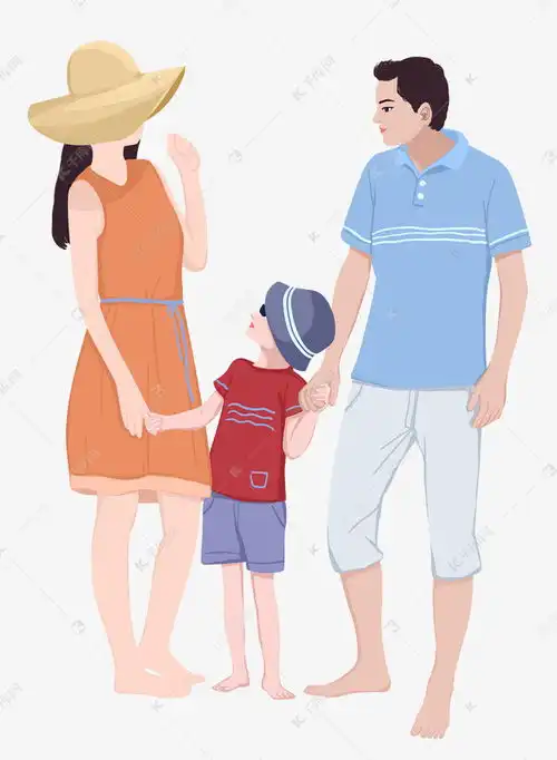 亲子旅游一家三口在海边散步手绘高清图素材图片免费下载千库网