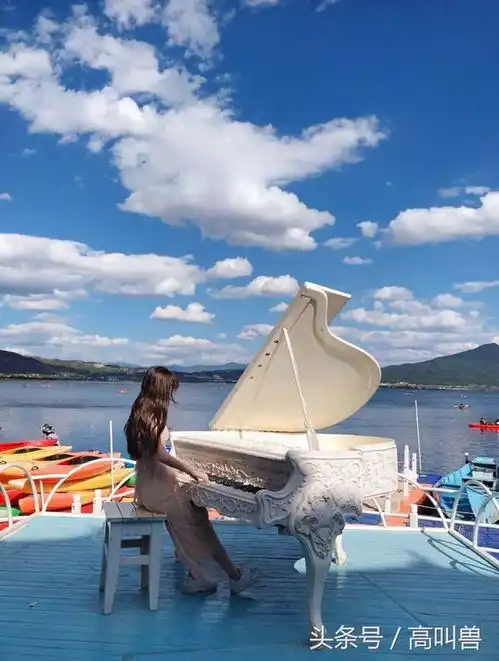 人像大海上蓝天白云下的钢琴女神