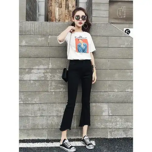 2020秋冬季新款八分裤毛边九分微喇牛仔裤女生显瘦黑色9分喇叭裤