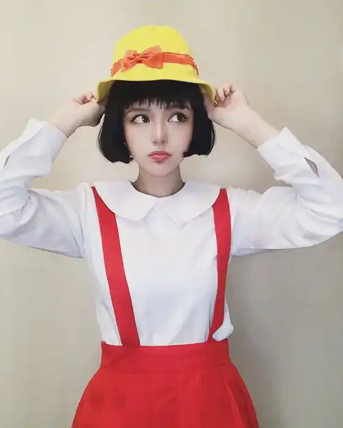 组图周扬青圆领红裙cos樱桃小丸子呆萌妹妹头获柯震东评论