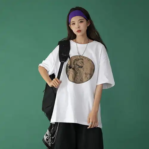 含棉夏季新款ins宽松款短袖t恤男女韩版学生印花慵懒风大码女装潮