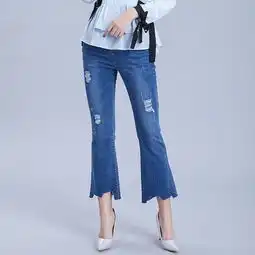 施悦名新款水洗手工磨破九分牛仔裤女装2019春季不规则中腰欧美风微喇裤