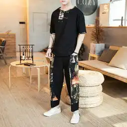 中国风套装男盘扣汉服佛系男装唐装男潮牌复古禅服两件套夏季薄款