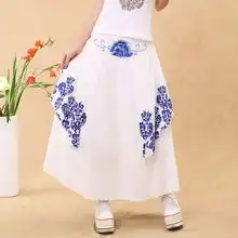 依朵拉2014春季青花瓷白色蓝色民族风半身裙连衣裙两穿大摆裙