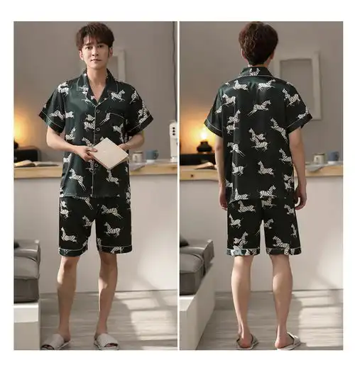 汤河之家男士冰丝睡衣夏衬衫式短袖短裤薄款韩系印花宽松丝绸家居服套装男