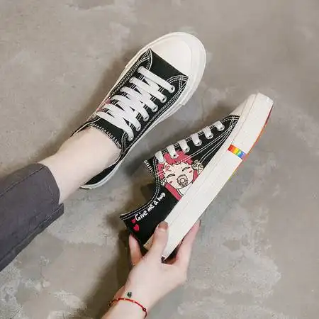 启言帆布小白鞋子女鞋2019潮鞋夏款新款韩版板鞋学生百搭彩虹ulzzang