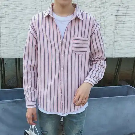 春装新款简约长袖衬衫男士条纹衬衣潮