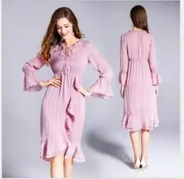 高档精品,2019新款连衣裙欧美春夏粉色中长款优雅长裙时尚灯笼袖荷叶边裙子