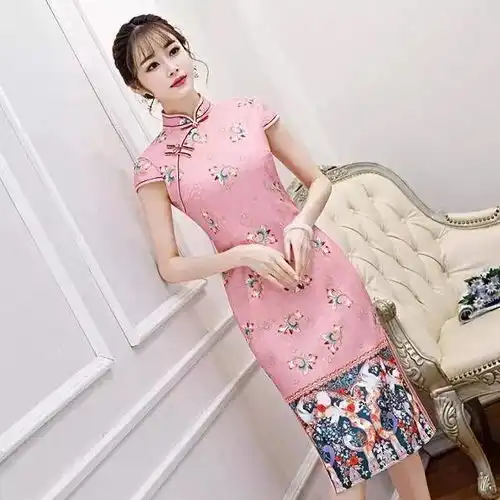 丝麻长款粉色旗袍,修身百搭,古色古香