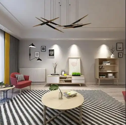 72平北欧风灰色客厅加入红色软装和原木设计,既不抢镜又活力四射