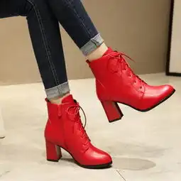 冬季粗跟高跟马丁靴女鞋系带短靴加绒短筒女靴子棉靴中跟红色婚鞋