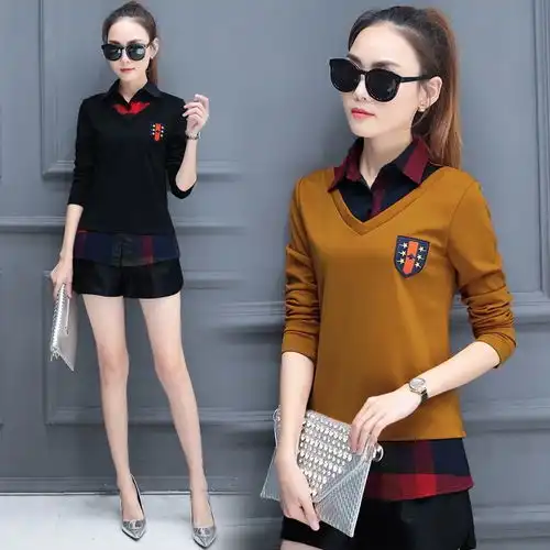 春装女新款t恤ins风衬衣领两件短袖情侣季上2019潮半翻学生一字肩