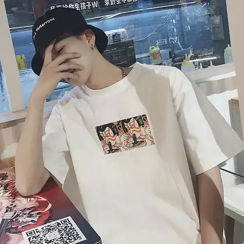 ins潮流夏季国潮印花短袖t恤男港风宽松五分袖男学院青年学生半袖