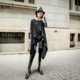 sh欧美港风原创女装折sh设计欧美暗黑系卫衣个性不规则前长后短中长款拼皮风衣外套女简单网www.j.cn