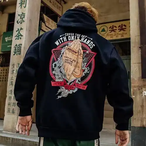 国潮秋冬男女嘻哈套头帽衫加绒宽松学生情侣鲨鱼连帽卫衣男外套